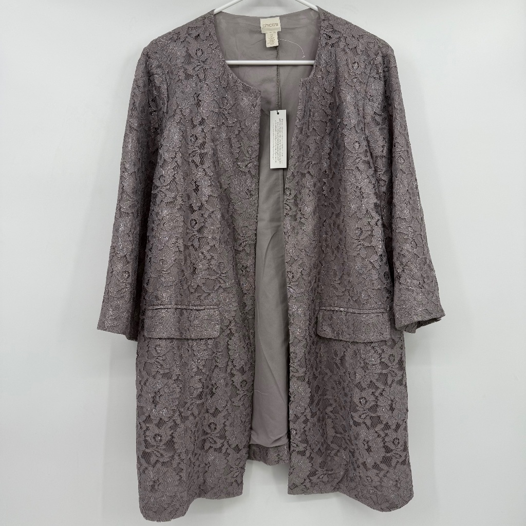 Chicos Duster Women Large New Purple Gray Lace Cardigan Evening Pockets Open